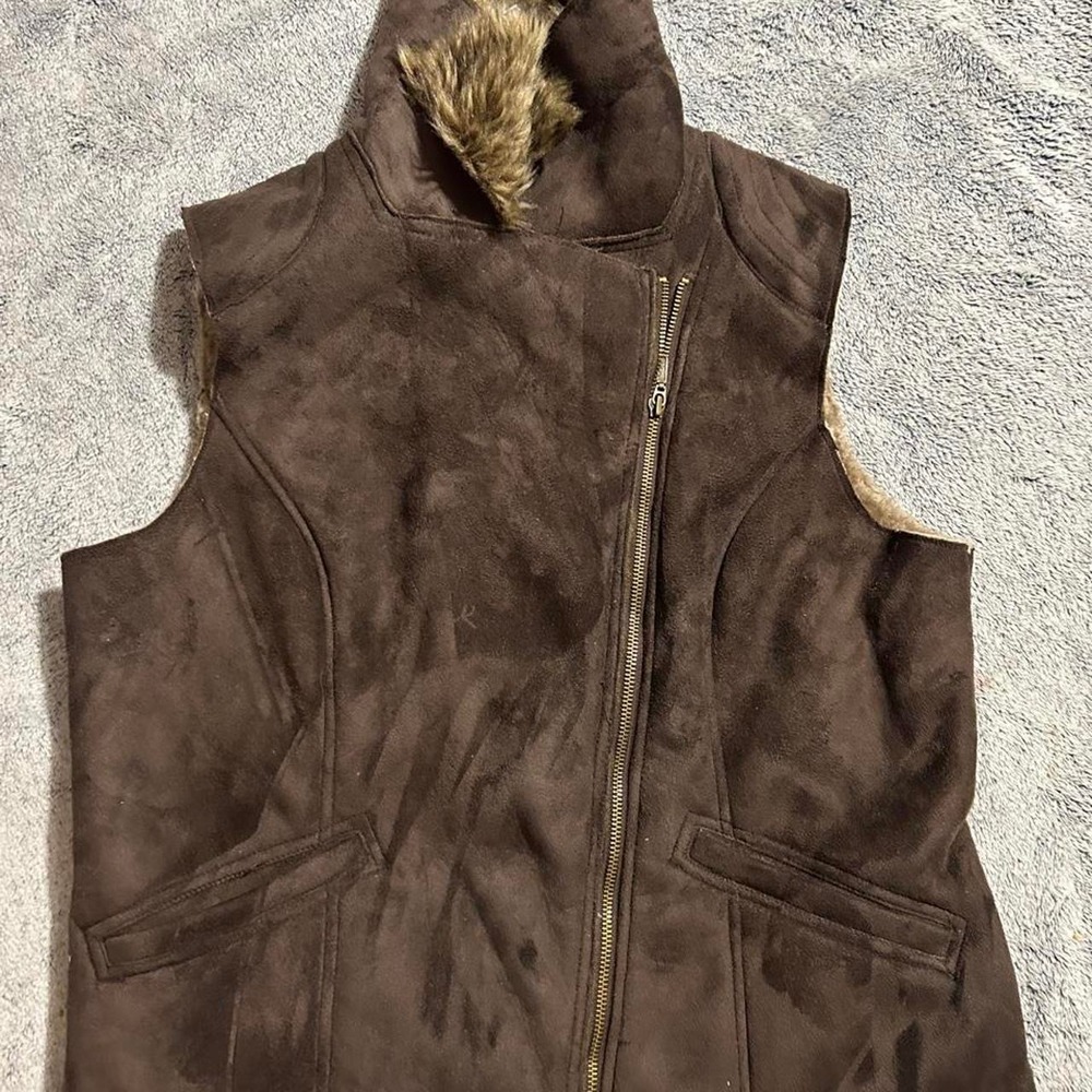 Revue Womens XL Brown Faux Suede Shearling Vest Fur Lined Moto Full Zip